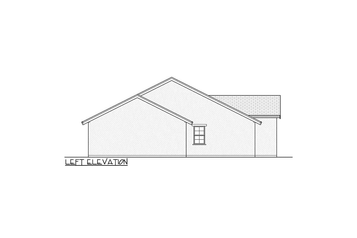 Left elevation drawing of a house plan featuring a gable roof, one window, and a brick texture.