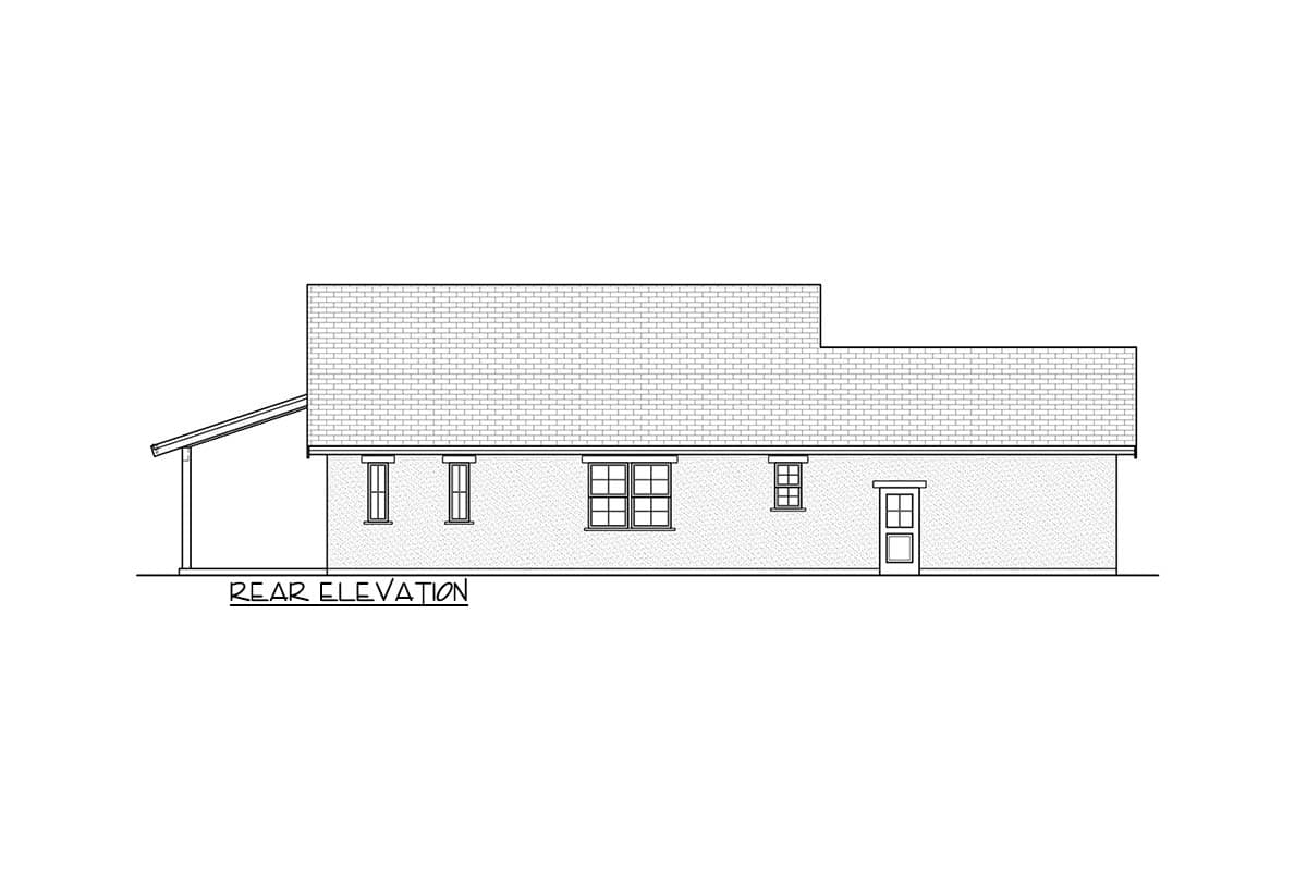 Rear elevation drawing of a one-story house with a covered porch, multiple windows, and a single door.