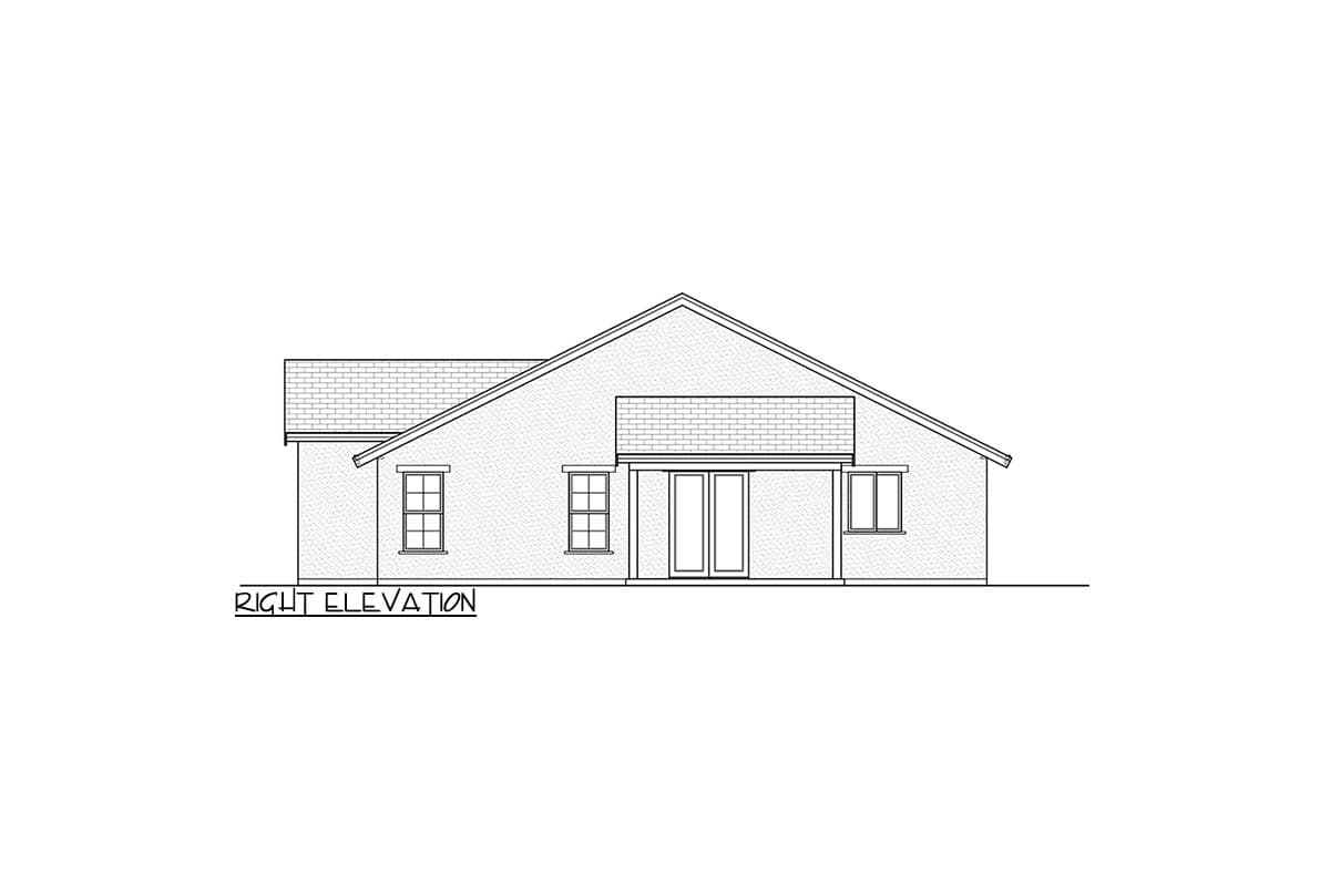 Right elevation drawing of a single-story house with a prominent gable roofline, double doors, and three windows.