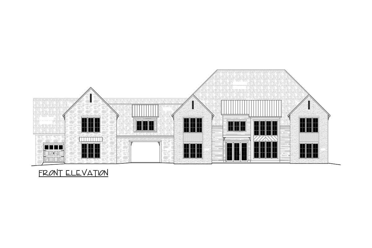Front elevation house plan drawing featuring a two-story home with a gabled roof, multiple windows, and a three-car garage.