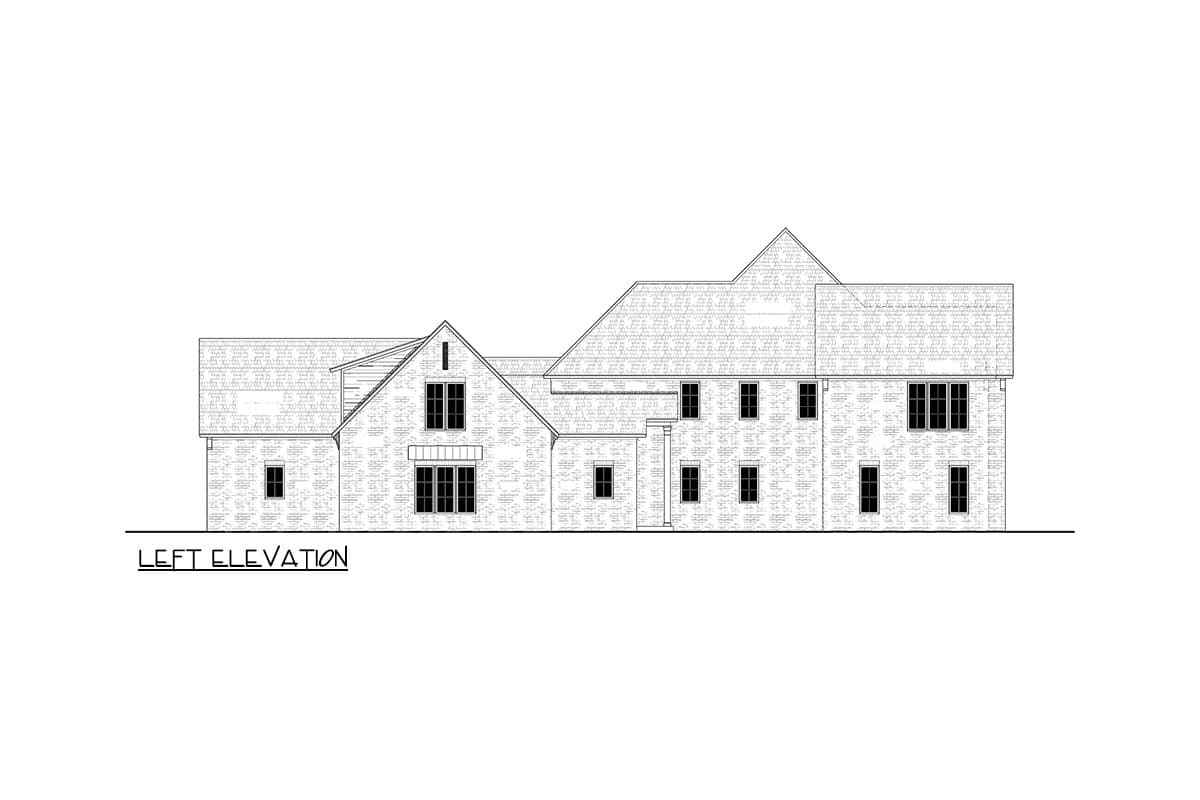 Left elevation drawing of a multi-story house plan with varied rooflines and numerous windows.
