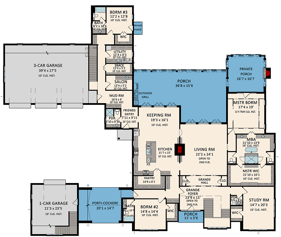 Plan 510255WDY: 5-Bedroom Transitional House Plan with Media Room and Bonus Room - 6413 Sq Ft - Floor Plan - Main Level - Transitional