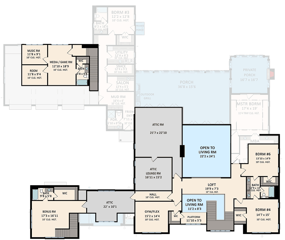 Plan 510255WDY: 5-Bedroom Transitional House Plan with Media Room and Bonus Room - 6413 Sq Ft - Floor Plan - 2nd Floor - Transitional