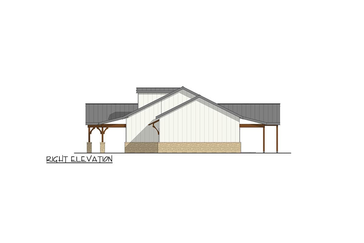 Right elevation drawing of a house with a metal roof, white vertical siding, and stone base. Includes covered porch areas.