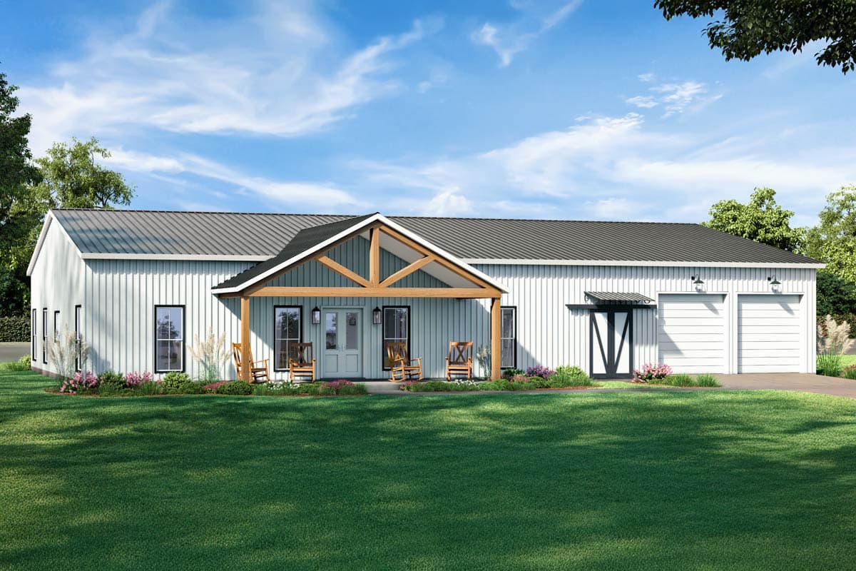 House plan exterior. One-story structure with a covered porch and exposed timber framing. Features a metal roof and two-car garage.