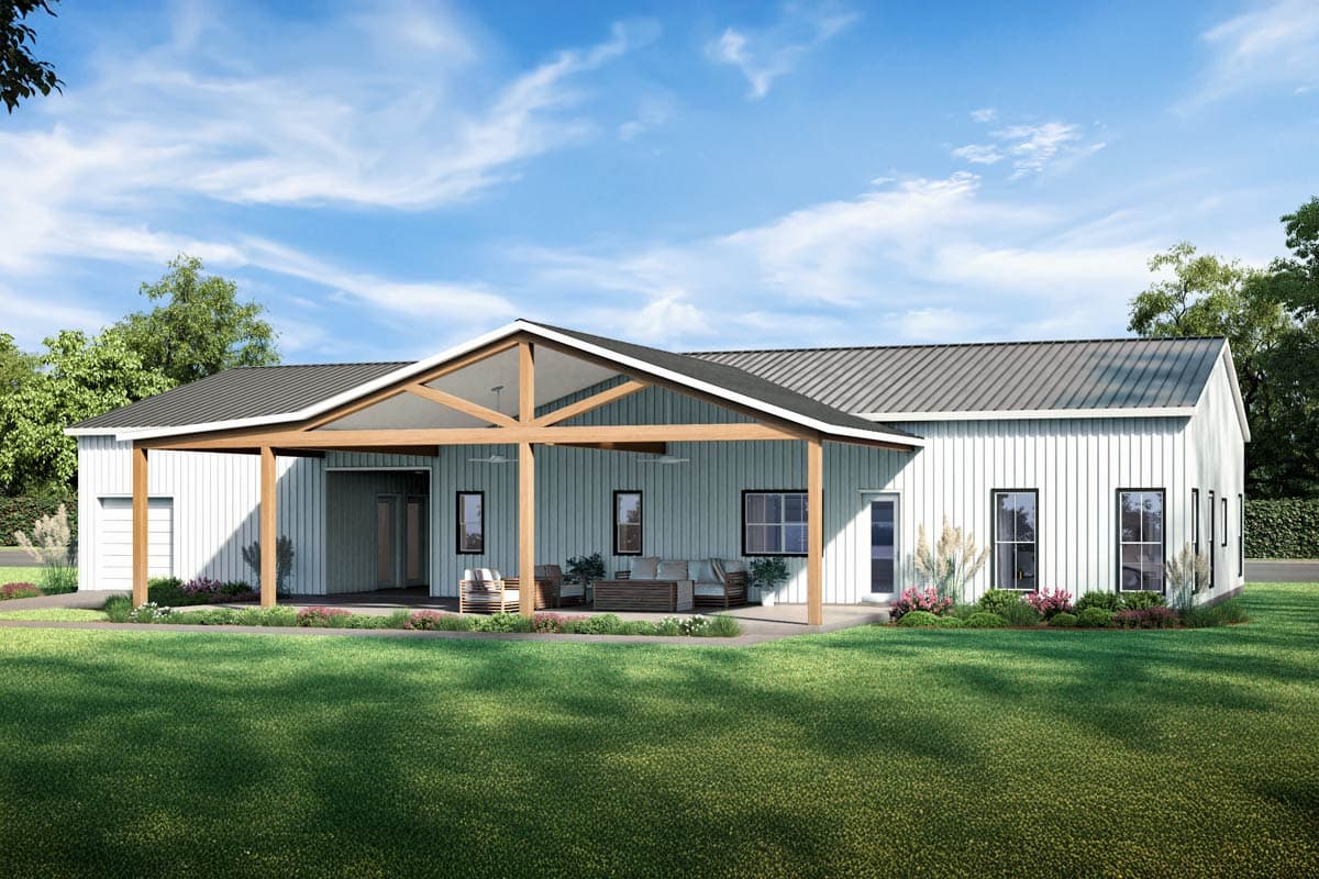 Modern farmhouse style house plan exterior, one story, with a large covered patio with exposed beams and a metal roof.
