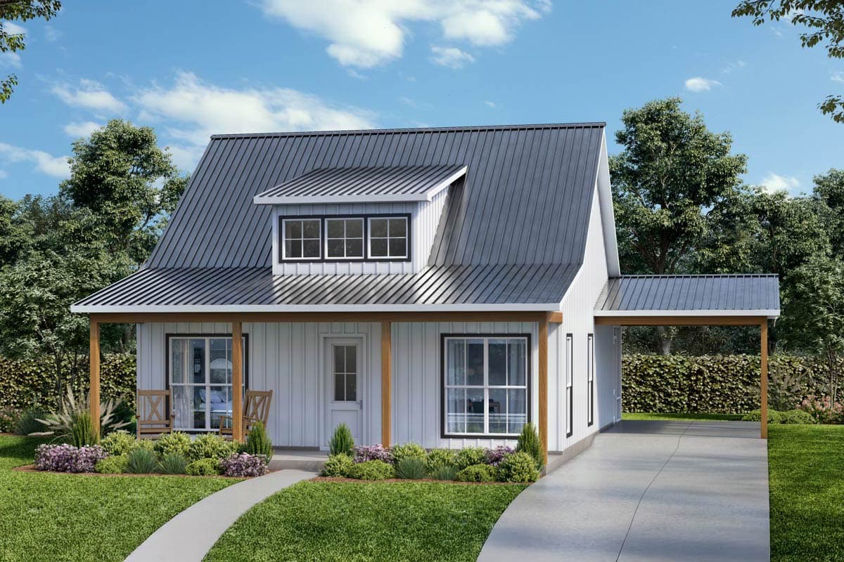Modern Farmhouse house plan exterior with metal roof, dormer windows, covered front porch, and carport.