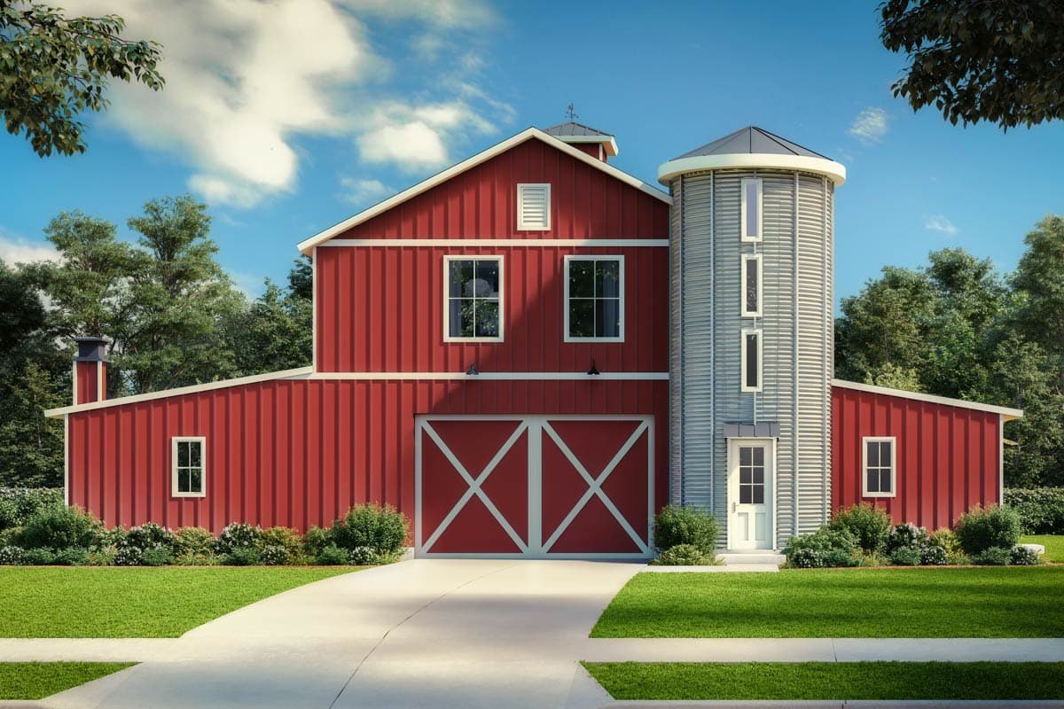 House plan exterior. Two-story barn-style design with a silo. Features include a gable roof, large garage door, and a decorative cupola.