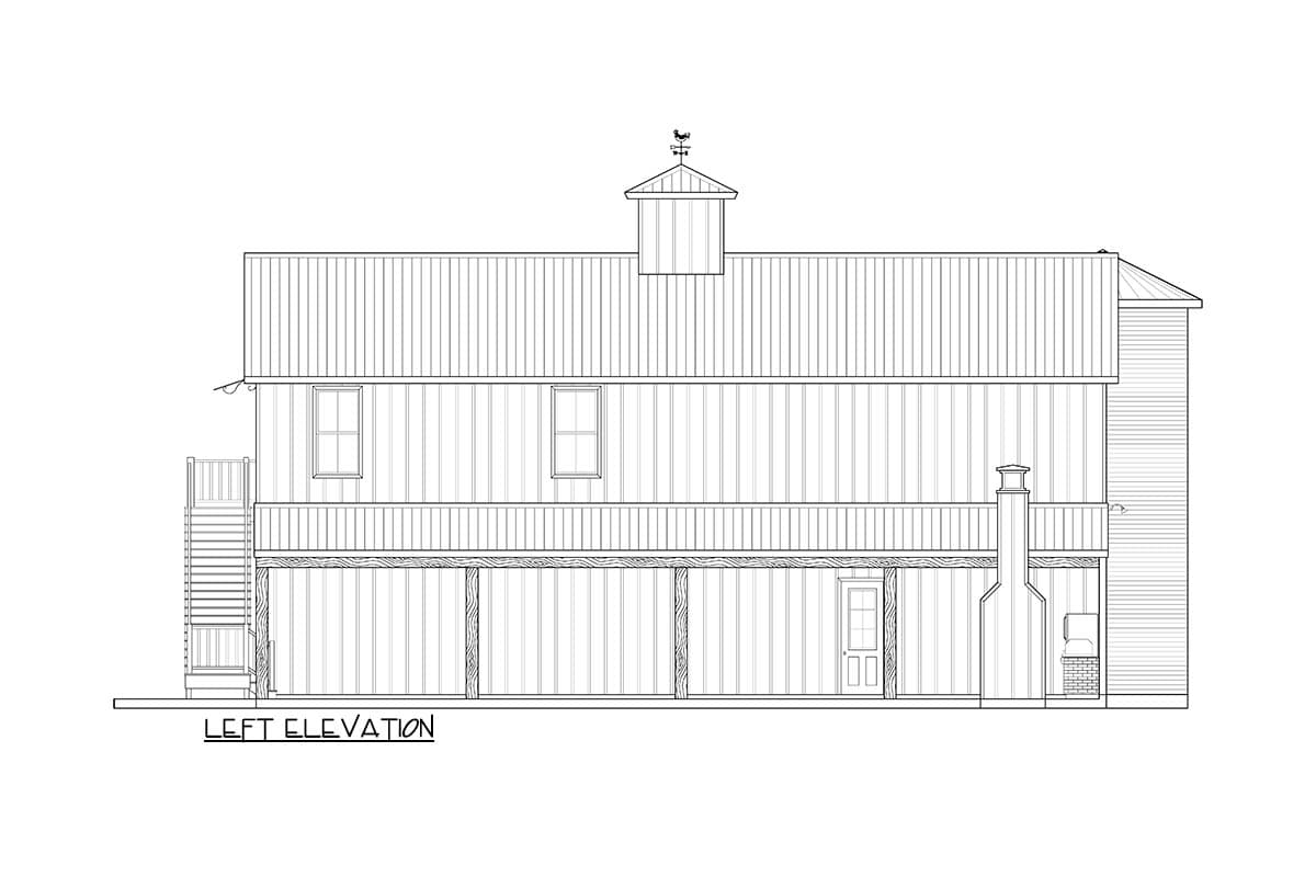 Left elevation drawing of a two-story house plan with a covered porch, dormer, and cupola.