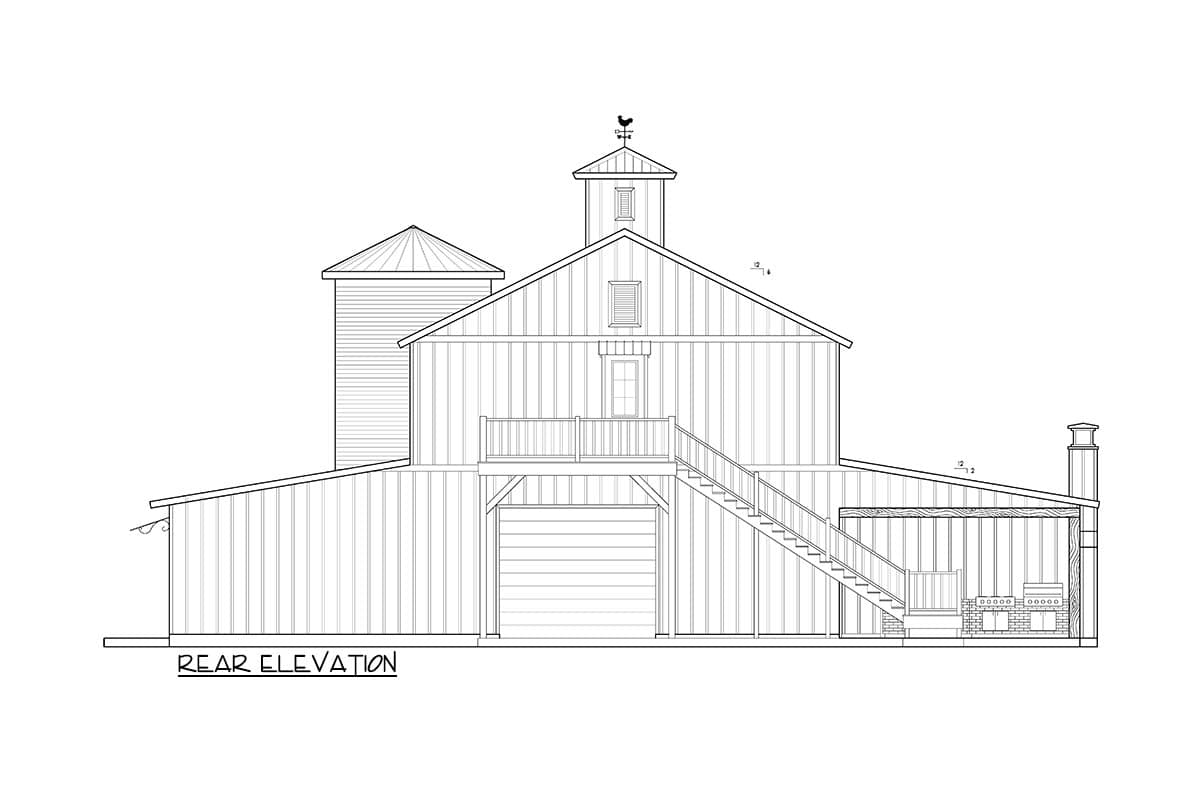 Rear elevation drawing of a barn-style house with a silo, cupola, large garage door, and outdoor kitchen area.
