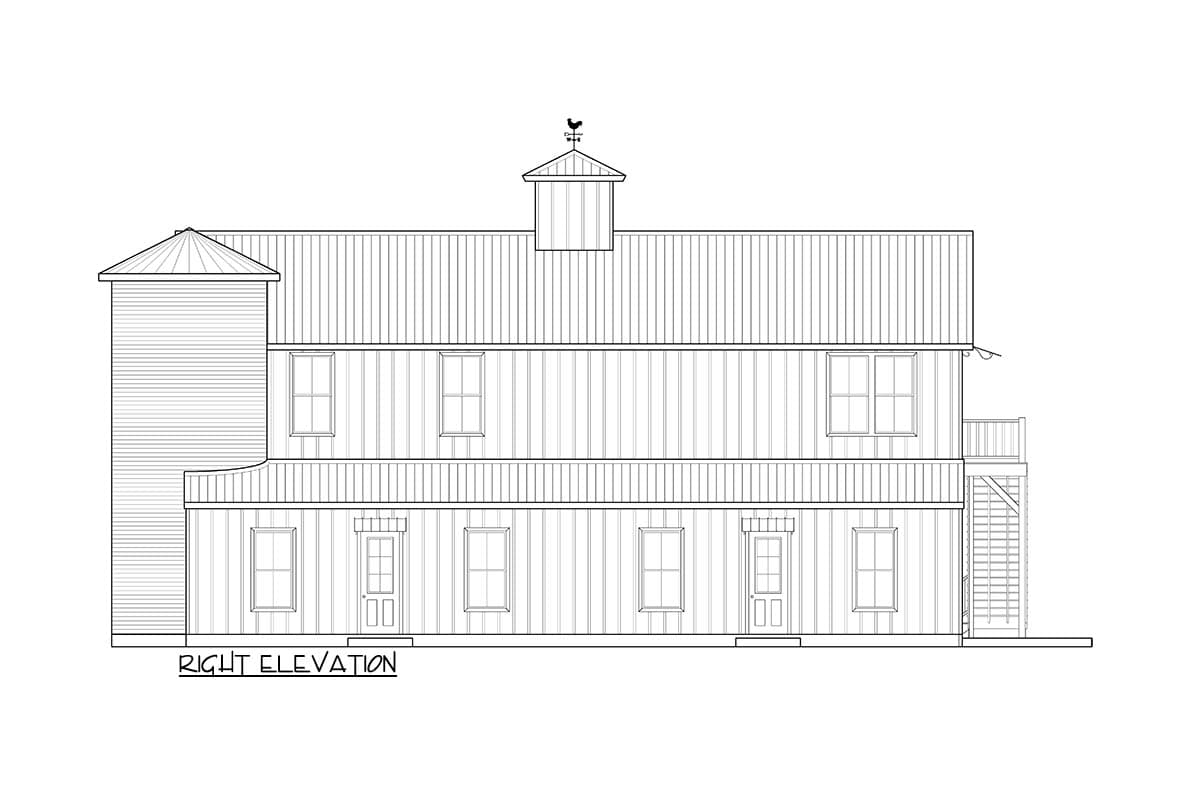 Right elevation house plan drawing with a tower, multiple stories, cupola with weather vane, and a deck with stairs.