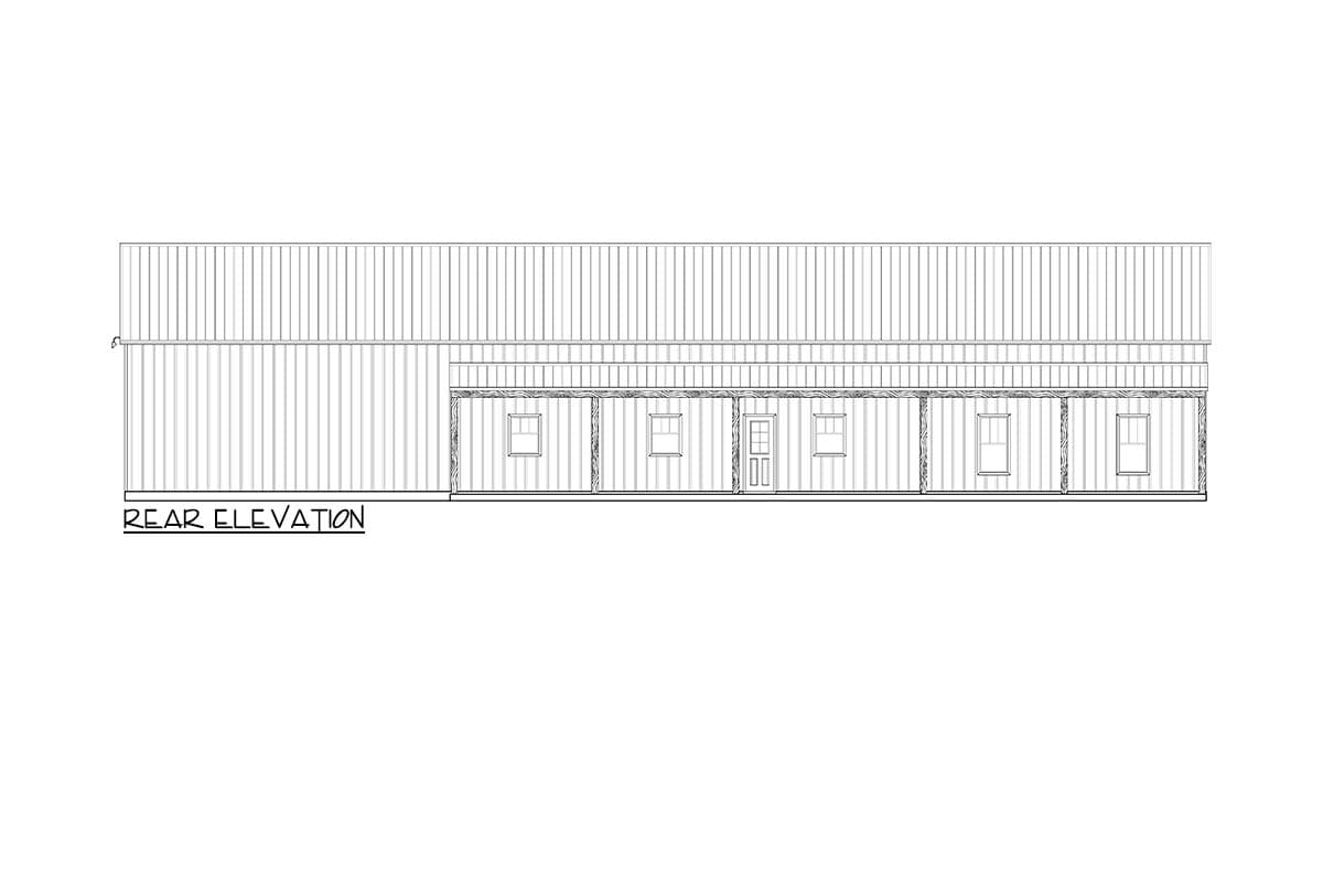 Rear elevation drawing of a house plan featuring a full-width porch, multiple windows, and a central door.