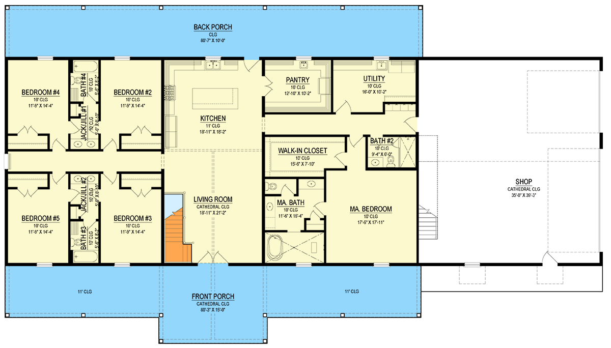 Plan 170008ADS: Craftsman Ranch House Plan with Multiple Jack & Jill Bathrooms for Sloping Lot - 3210 Sq Ft - Floor Plan - Main Level - Country, Craftsman, Ranch