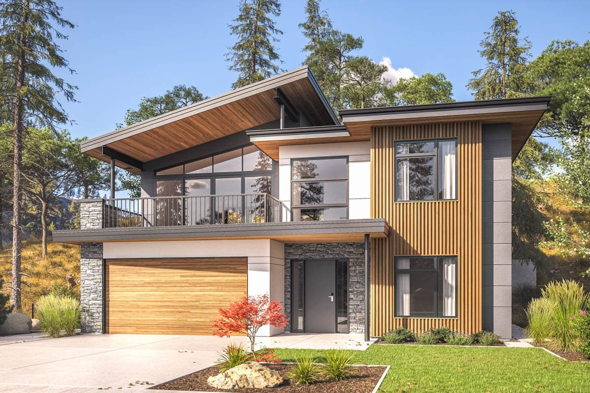 House plan exterior with modern style, two stories, and a wood-clad garage door. Features a balcony and a shed roofline, with wood accents.