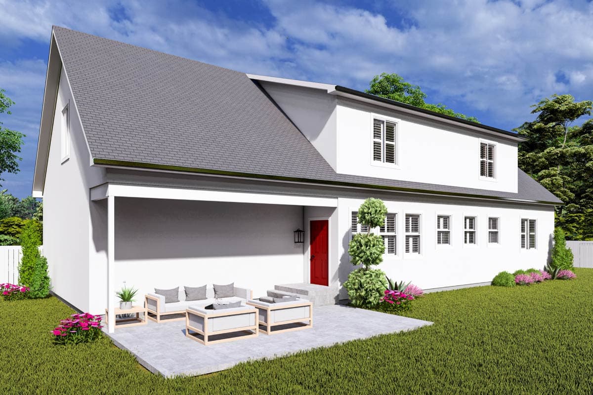 House plan exterior: Two-story home with a steeply pitched gable roof, covered patio, and numerous double-hung windows.