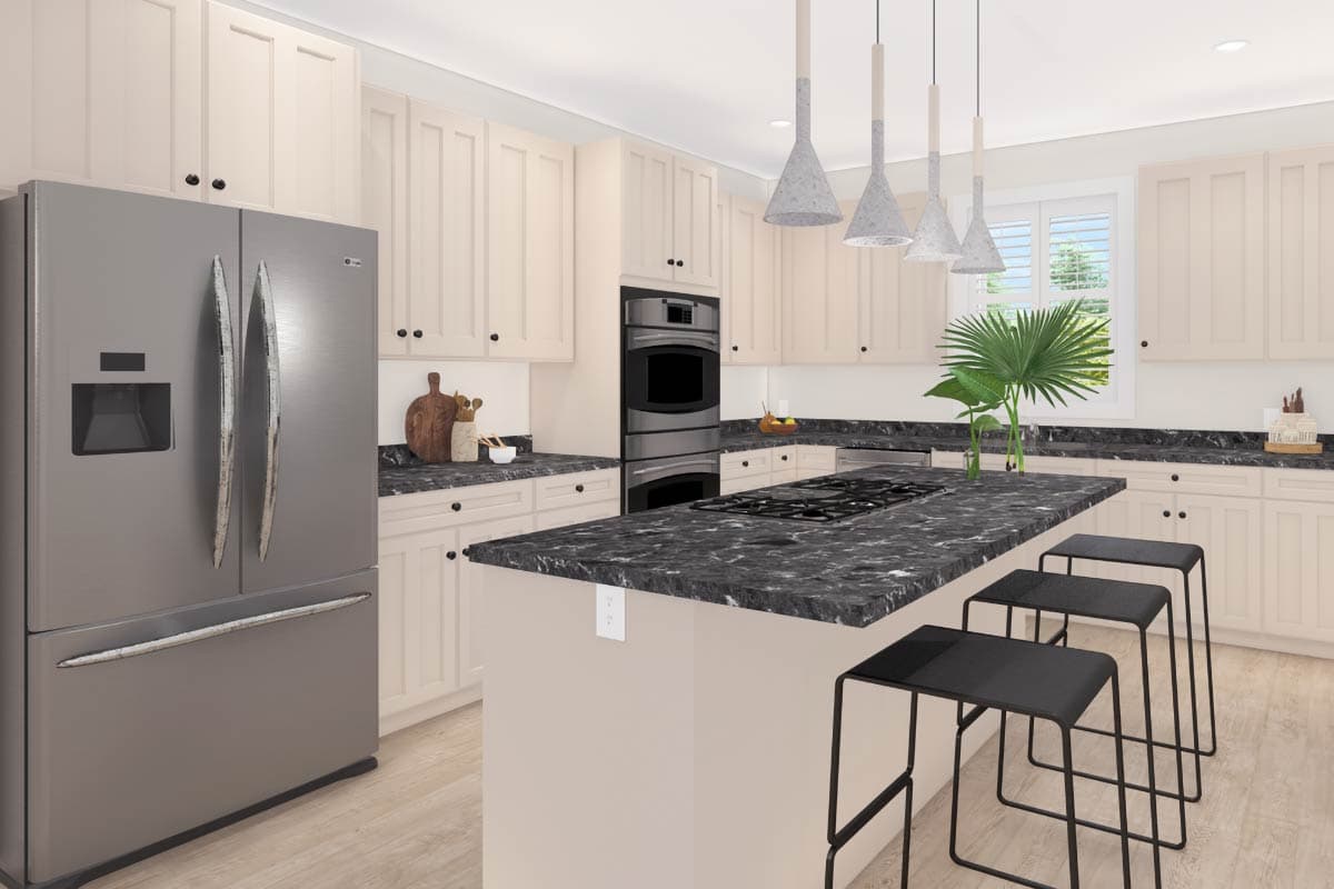 Kitchen featuring a large island with a gas cooktop, stainless steel double oven, and ample cabinet storage.