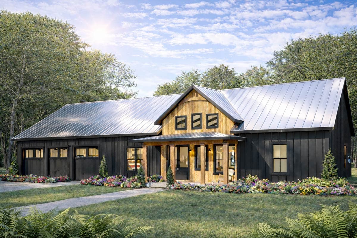 Modern Farmhouse house plan exterior with metal roof, timber-framed porch, and three-car garage.
