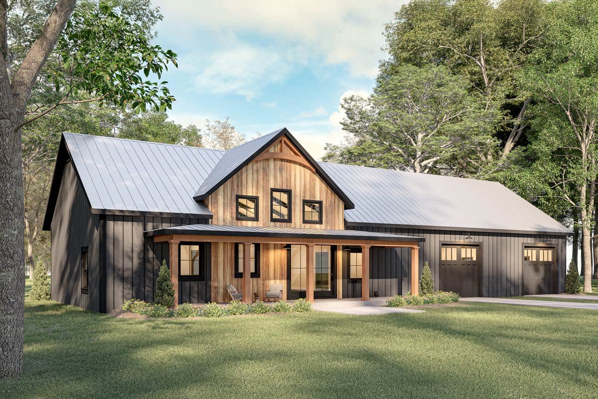 Modern Farmhouse house plan exterior with dark vertical siding, wood accents, metal roof, covered porch, and a three-car garage.