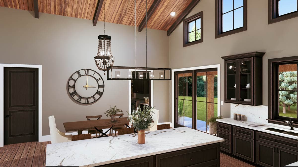 Interior rendering of a spacious open-concept kitchen and dining area with vaulted wood-paneled ceilings, island, and large windows.