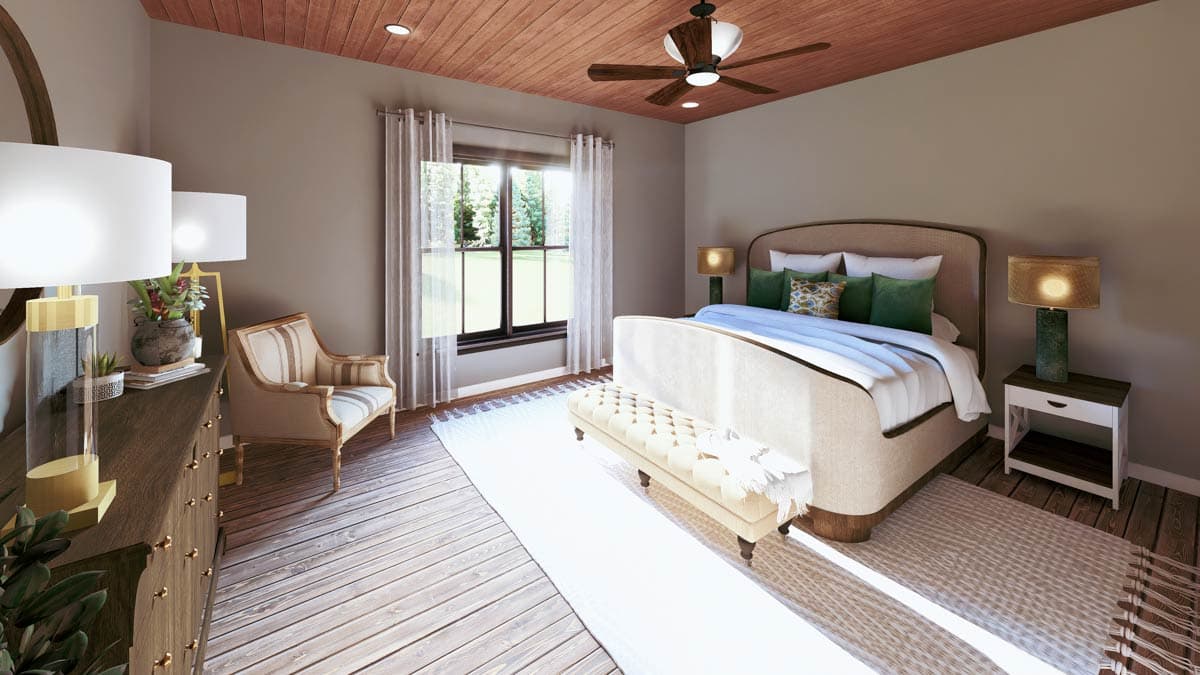 Bedroom rendering with wood plank ceiling, tufted bench, and large window. Architectural design.