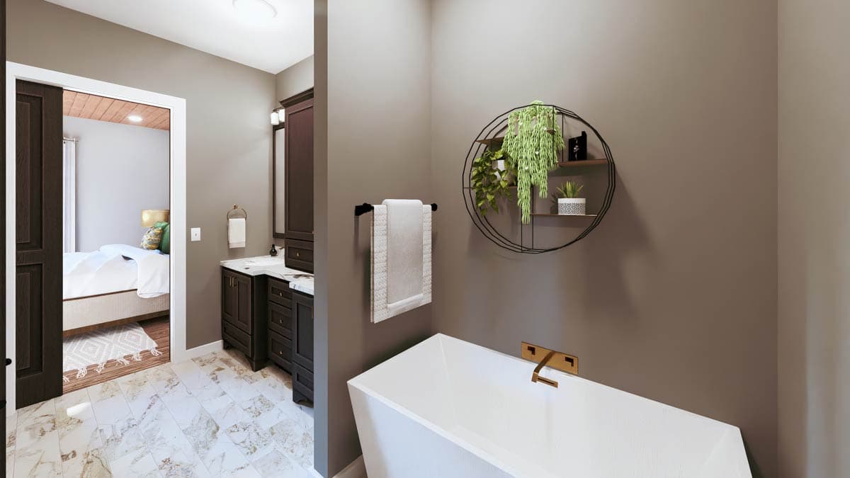 Bathroom interior with freestanding tub, vanity, and doorway to bedroom with wood plank ceiling.