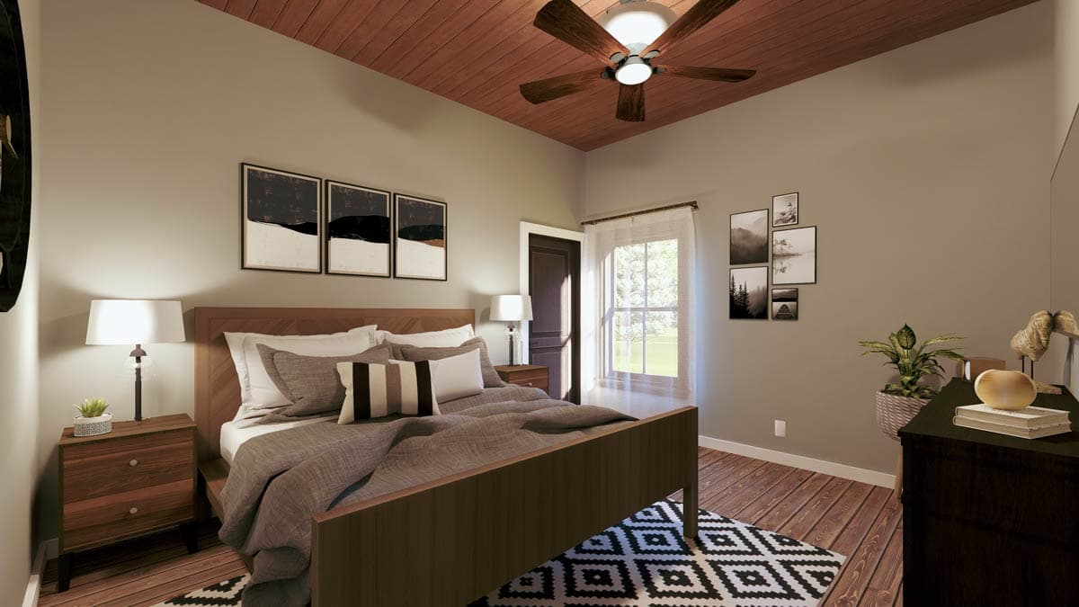 Bedroom rendering with wood plank ceiling, king bed, nightstands, and door to exterior.
