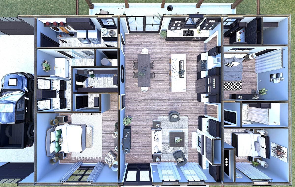 Architectural house plan rendering showing an open-concept living area with kitchen island, dining area, living room, and four bedrooms.