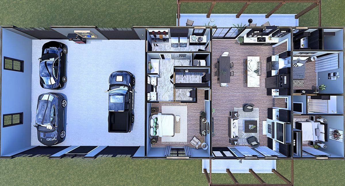 Floor plan with 3-car garage, open-concept living area, kitchen island, and four bedrooms.