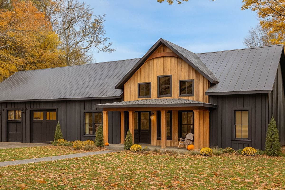 Modern Farmhouse exterior with vertical siding, metal roof, covered porch with wood columns, and attached garage.