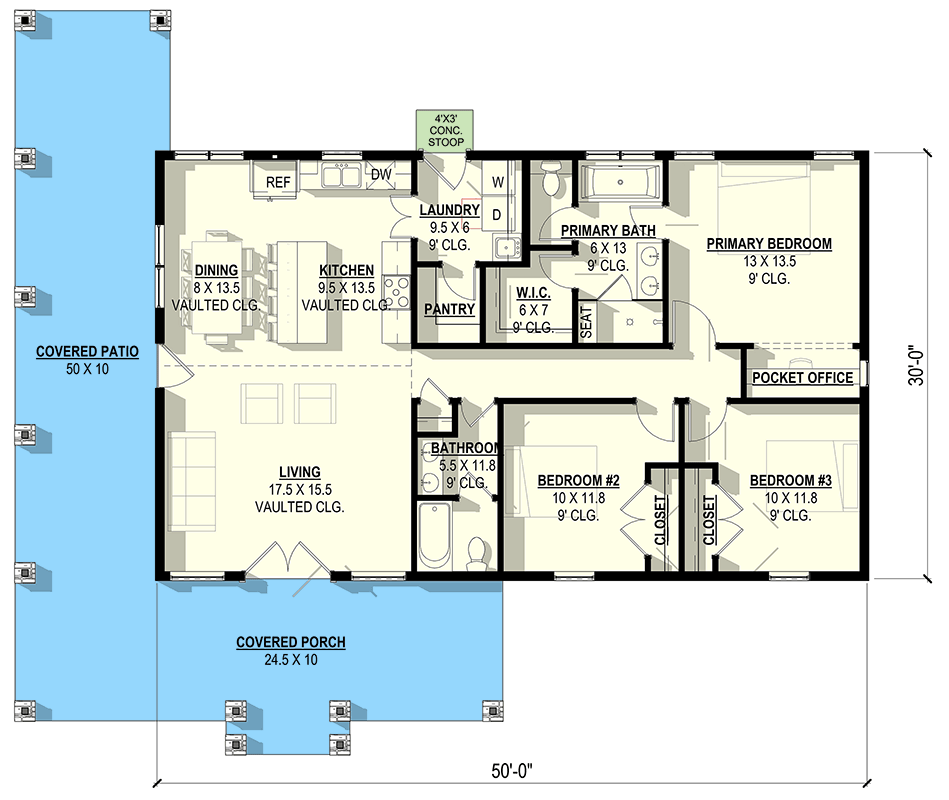 Plan 405005FDC: 3-Bedroom Barndominium-Style Home Plan with Vaulted Ceilings and Wraparound Porch - Floor Plan - Main Level - Barndominium, Country