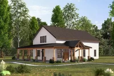 3-Bedroom Barndominium-Style Home Plan with Vaulted Ceilings and Wraparound Porch