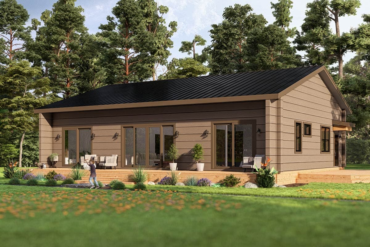 House plan exterior: Single-story modern home with horizontal siding, a dark metal roof, and multiple glass doors opening to a deck.