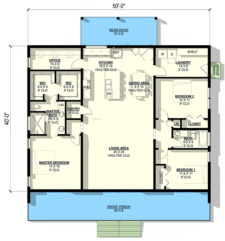 Plan 405006FDC: 3-Bedroom Ranch Plan with Vaulted Living Area and Rear Patio - Floor Plan - Main Level - Country, Ranch