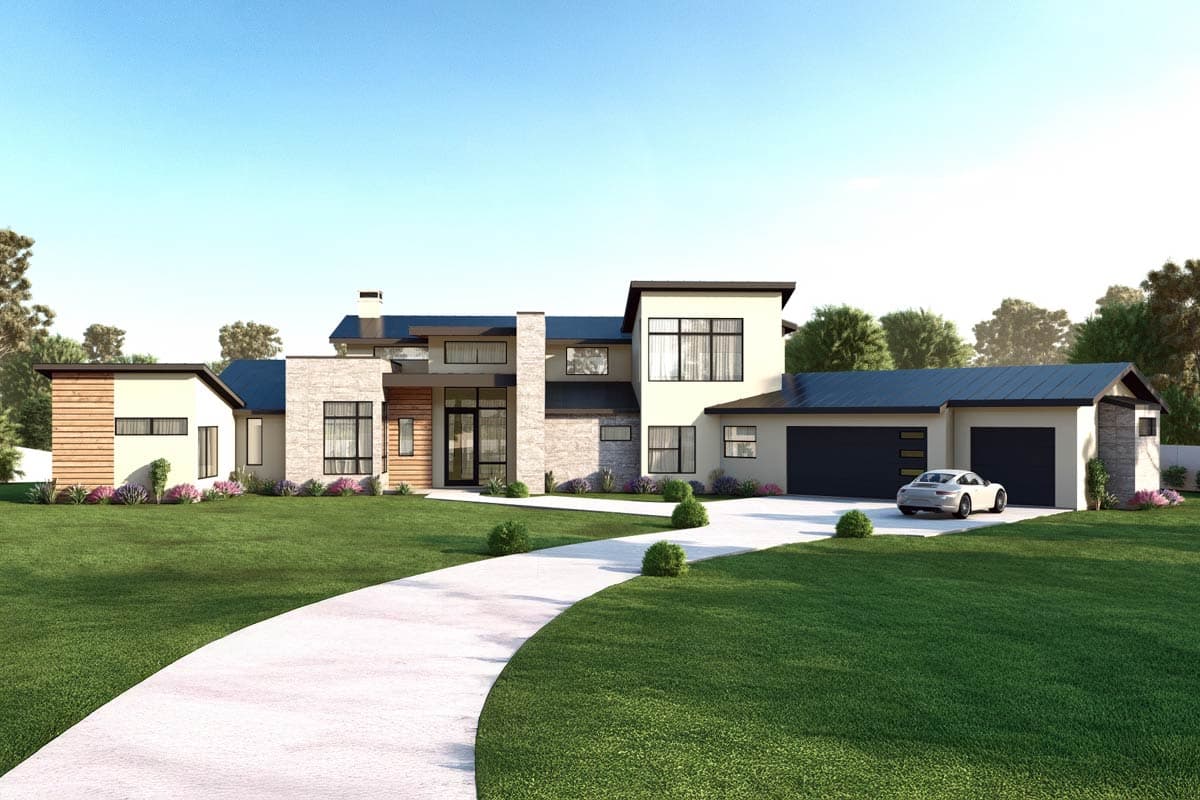 House plan exterior. Modern style, 1-story with flat and shed rooflines. Features include a garage, stacked stone facade, and large windows.