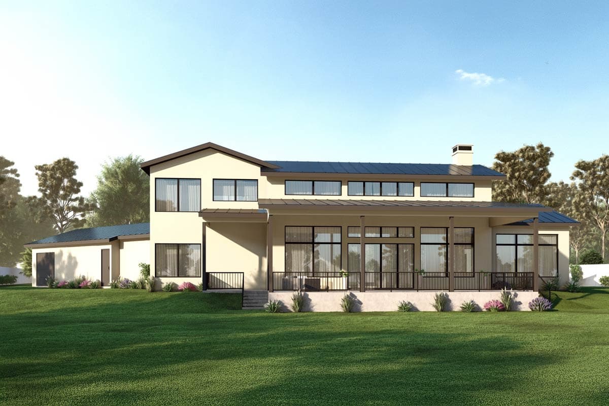 Modern house plan exterior with a flat roof, large windows, covered porch, and attached garage.