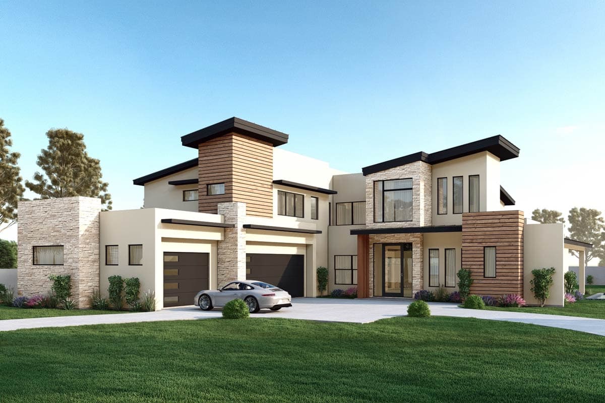 House plan exterior featuring a modern design, two stories, flat rooflines, stone facade accents, and wood siding details near the entry.