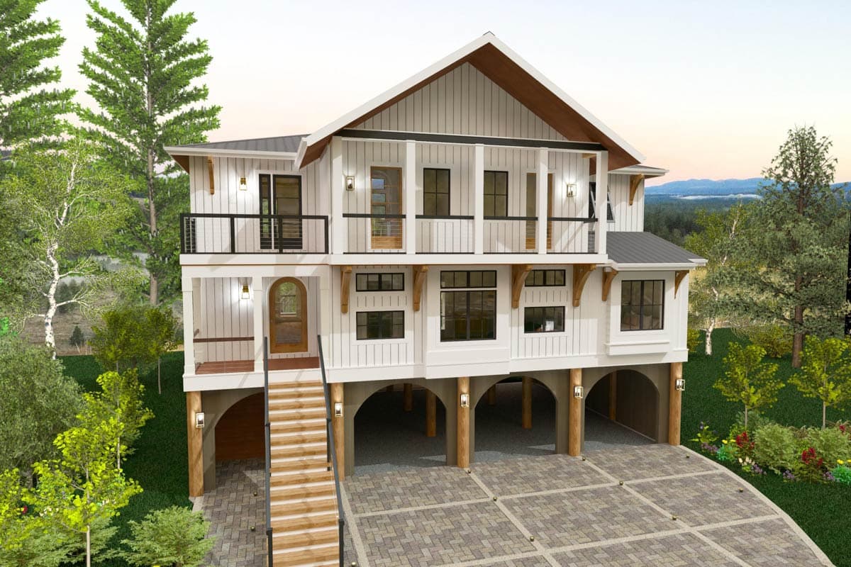 House plan exterior. Two-story Modern Farmhouse with a gabled roof, balconies, and a raised foundation with columns.
