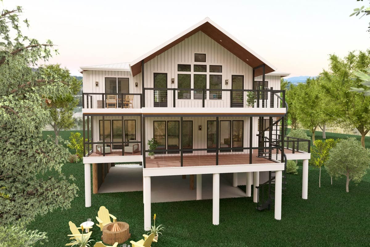 Modern farmhouse house plan exterior with two stories, gabled roof, vertical siding, and wrap-around decks.