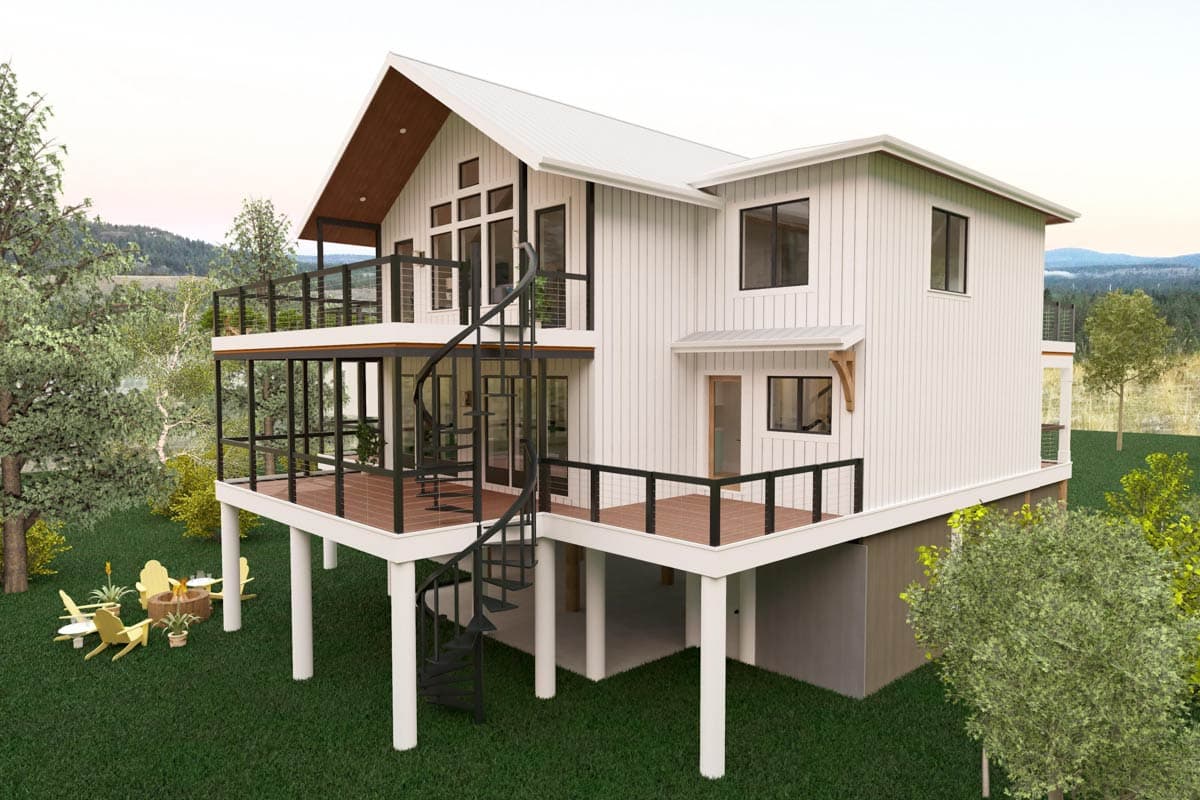 Modern house plan exterior, two stories, white vertical siding, multiple decks, and a spiral staircase.