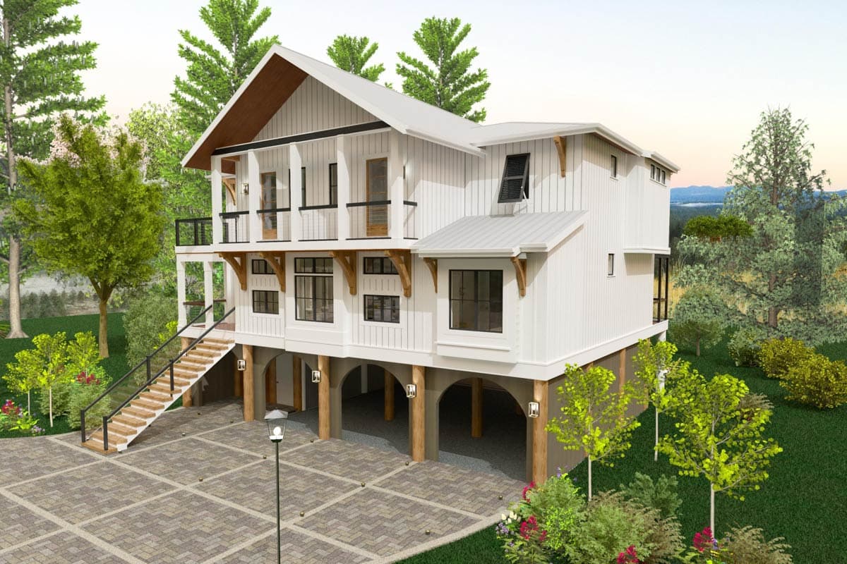 Modern Farmhouse house plan exterior, two stories, raised foundation, balcony, and gabled roof.