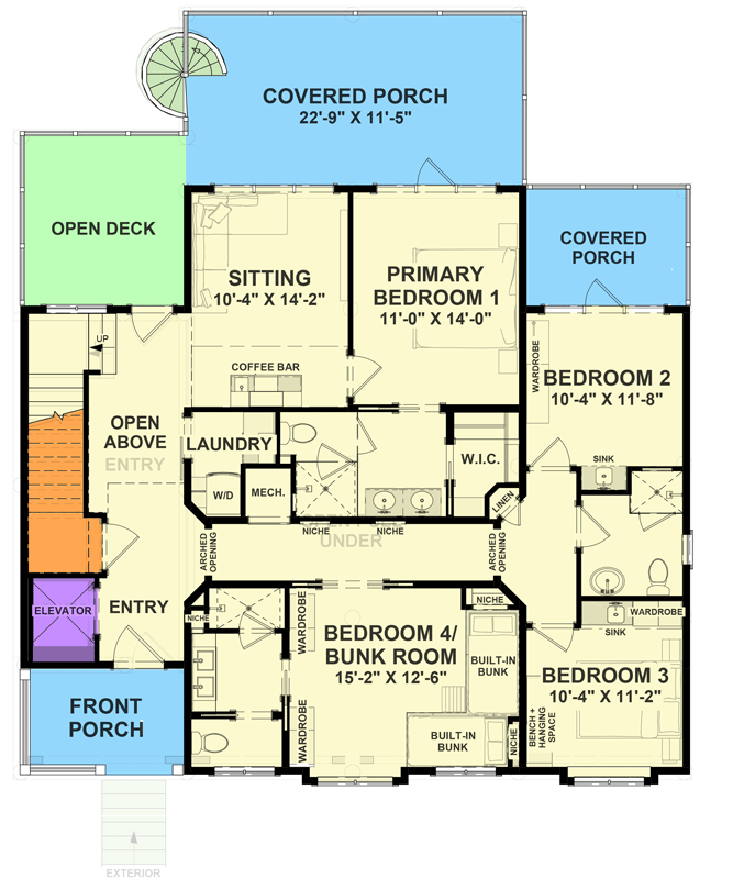Plan 765058TWN: Coastal Contemporary House Plan with Dual Master Suites and Elevator - Floor Plan - Main Level - Coastal, Coastal Contemporary