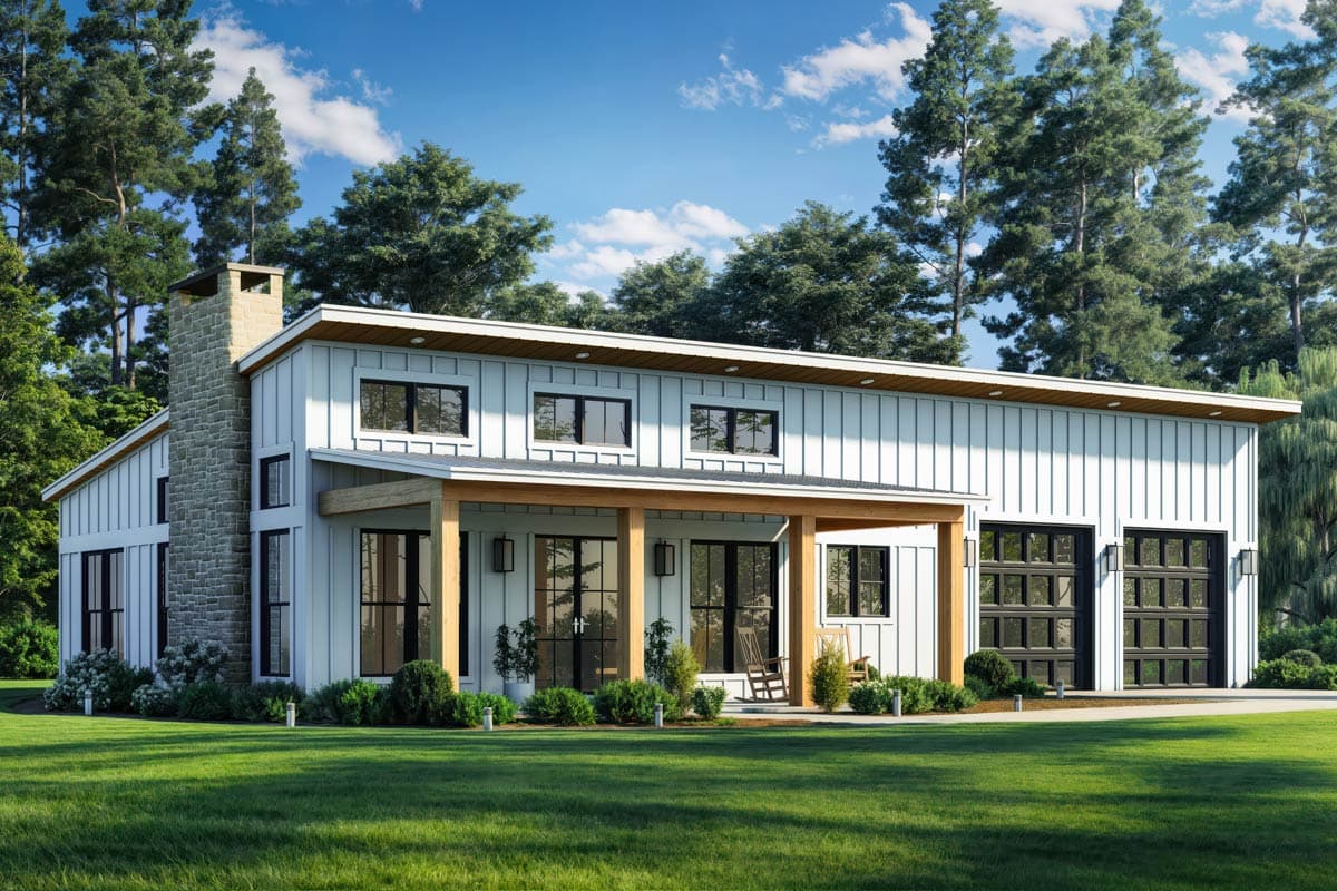 Modern farmhouse house plan exterior with two stories. Features include a stone chimney, covered porch with exposed beams, and attached garage.