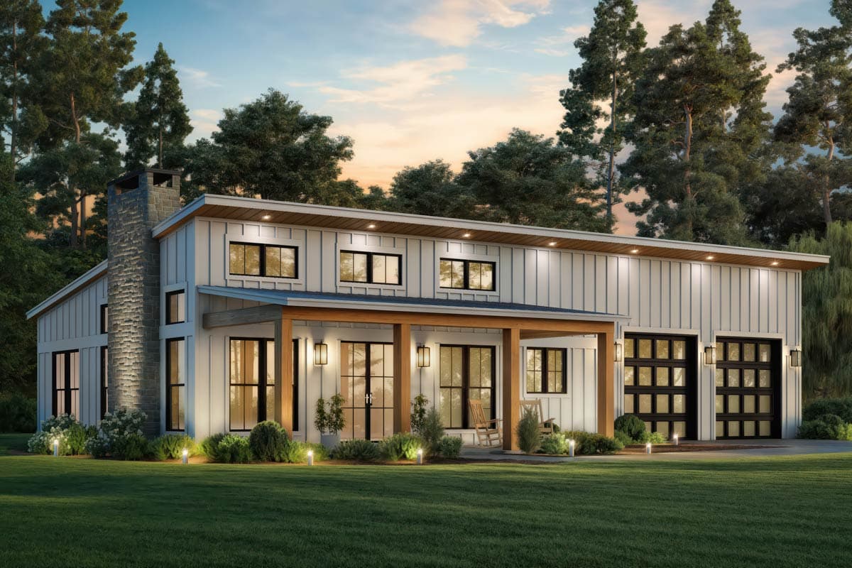 Modern Farmhouse house plan exterior with white vertical siding, stone chimney, covered porch, and two-car garage.