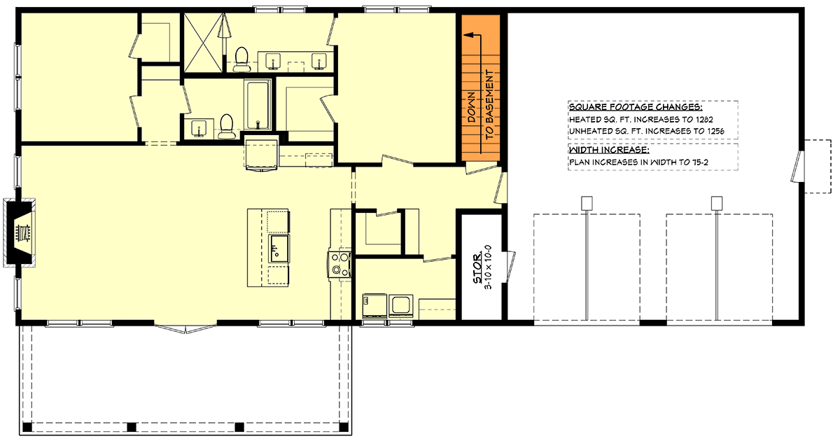 Plan 52003HZ: Modern Cottage-Style 2-Bed Barndo House Plan with Workshop Garage - Floor Plan - Basement Stairs Location - Barndominium, Mid Century Modern, Modern, Modern Farmhouse