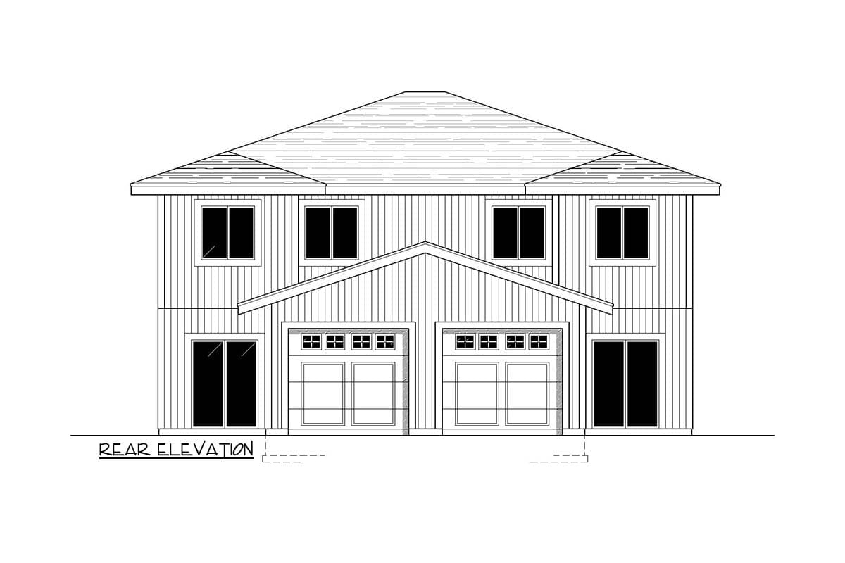 Rear elevation drawing of a two-story duplex with two garage doors and vertical siding.