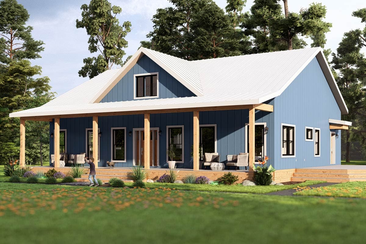 A blue farmhouse with a wrap-around porch and white roof. A child runs on the lawn towards the house as trees surround the property.