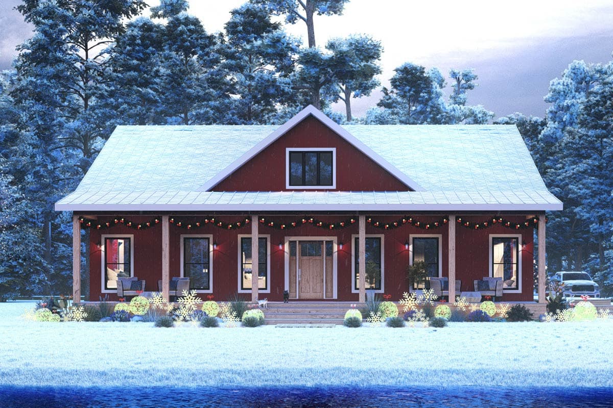A festive red house is covered in snow, decorated with garlands, and lights, creating a cozy winter scene. Two cats sit on the porch steps.