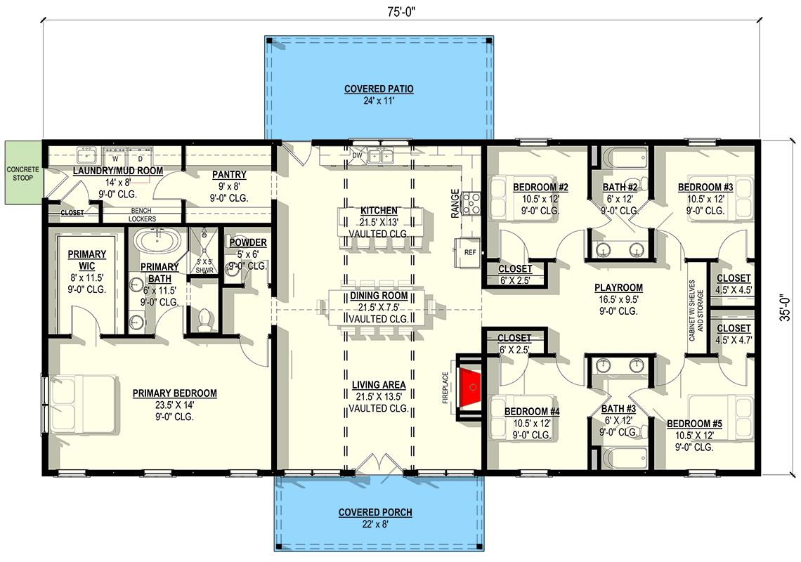 Plan 405008FDC: Vaulted One-Story Barndominium House Plan with 5-Bed Split Layout and Kid-Focused Wing - Floor Plan - Main Level - Barndominium, Rustic