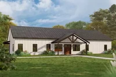 Vaulted One-Story Barndominium House Plan with 5-Bed Split Layout and Kid-Focused Wing