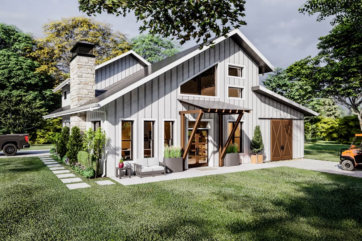 House plan exterior. Two-story Modern Farmhouse with board and batten siding, a gable roof, stone chimney, and covered entry porch.